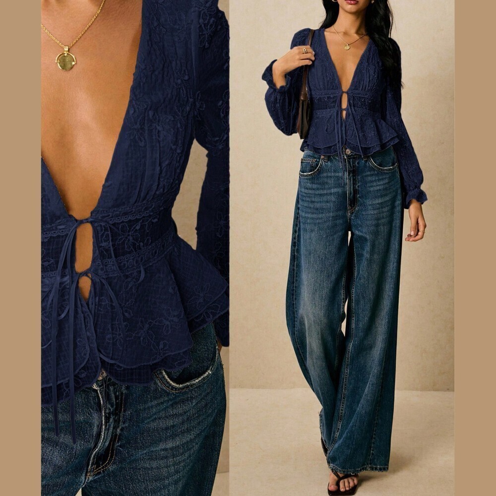 Navy Semi-sheer Embroidered Deep V-Neck Tie-Front Peplum Blouse - Picture 2 of 9